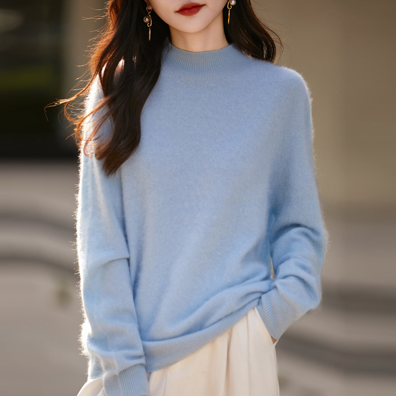 秋冬新款丰盈纯色羊毛衫女半高领针织打底厚宽松慵懒风拉毛毛衣|undefined