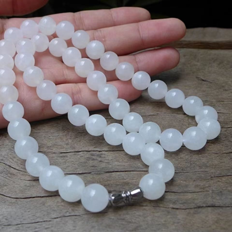 尚玉新疆和田白玉项链女天然玉石圆珠项链简约气质真玉颈饰装饰品