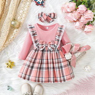 Korean Style Spring and Autumn New Princess Dress Bow Long-Sleeved Dress Sweet Plaid Lace Children's Chiffon Skirt