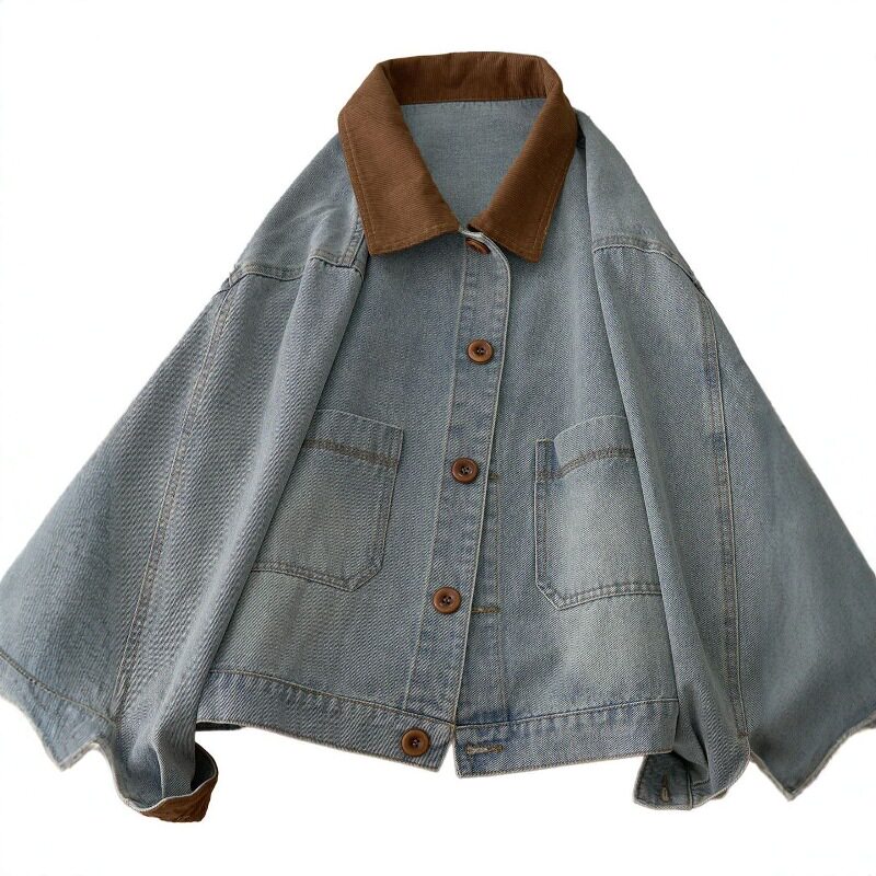 Áo khoác denim ngắn nữ dáng ôm, tay dài, cổ áo màu tương phản, phong cách Hàn Quốc — màu xanh denim chi tiết 6