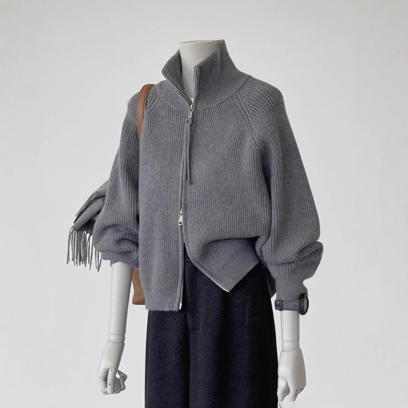 Double Zipper Gray Turtleneck Knitted Cardigan for Women Autumn and Winter New Loose Lazy Style Sweater Jacket Thickeneded Top