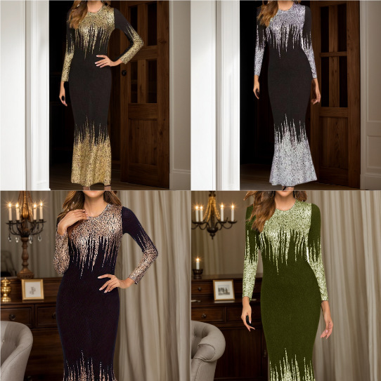 2025 Autumn Fashion Casual Label European and American Cross-Border New Printed Long Sleeve Round Neck Evening Dress Women's Clothing