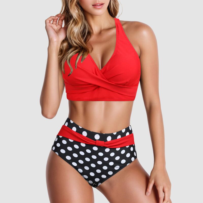 2024 New Split Swimsuit European and American Bikini Set Women's Bikini High Waist Pure Color Printing Push-Up Cross-Border