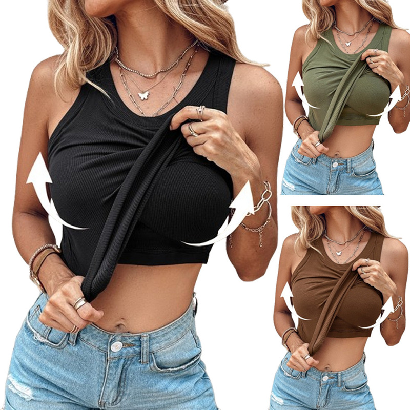 2025 Summer European and American New Style Solid Color Tank Top with Built-In Bra, Sexy Women's Undershirt for Layering or Wearing Alone