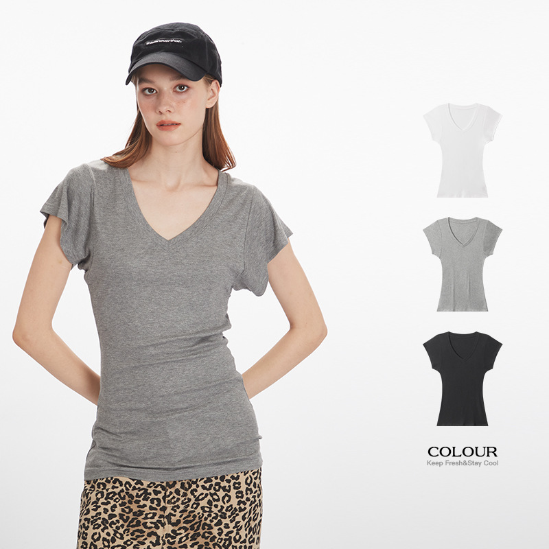 Women's HeyHenry Slim-fit Waisted Shoulder Short-sleeved T-shirt for Summer 2025 Solid Color Slimming Design Sense V-neck Top