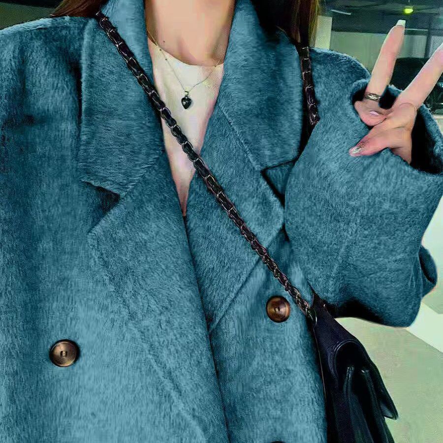 2026 Spring and Autumn New Style Camel Wool Double-Sided Wool Coat for Women, Mid-Length, Elegant Blue Woolen Coat, Relaxed and Casual