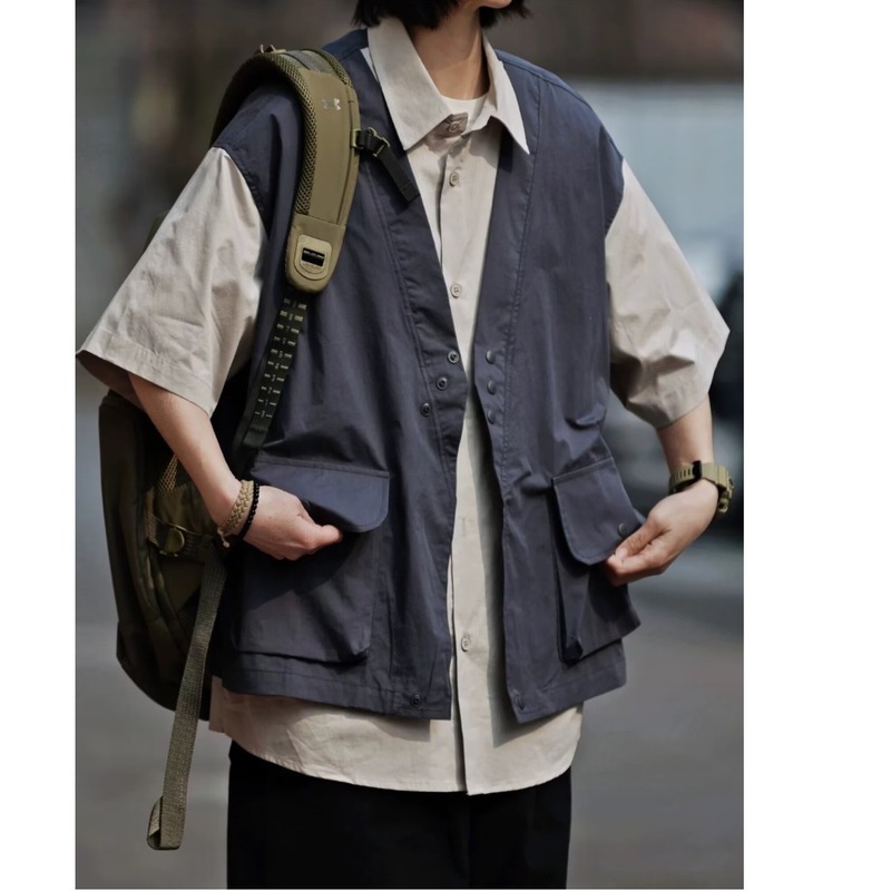 ファッショナブルな日本の紳士服レトロなコントラストカラーステッチ偽ツーピース作業服半袖シャツ男性と女性のための多用途シャツジャケット|undefined