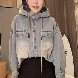 美系单排扣休闲衬衣宽松夹克外套复古连帽长袖牛仔衬衫女春季新款