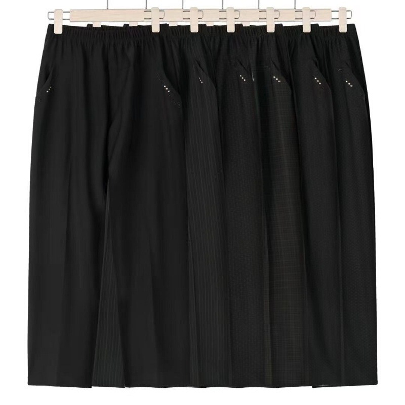 Middle-aged and Aged Binglinen Casual Pants Women's Summer Thin Elastomer High Waist Straight Pocket Women's Pants Mother's Ankle-length Pants