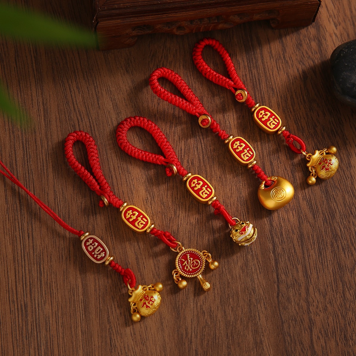 Chinese Style Good Luck Red String Pendant with Metal Blessing Character Keychain Phone Charm Bag Decoration
