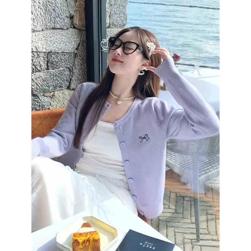 Knitted Cardigan with Bow, Korean Style, 2026 Sweater, Embroidered Short Jacket, New Thin Top for Spring and Autumn