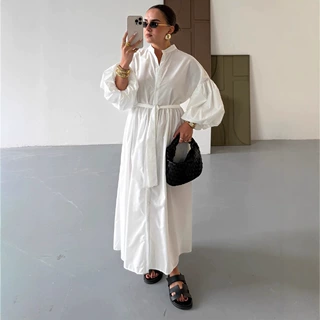 时尚休闲风纯色宽松灯笼袖系带收腰连衣裙跨境欧美外贸新款2025