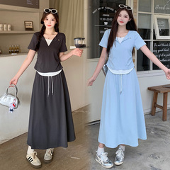 2025 夏の新スタイルファット mm 大きいサイズの女性の韓国カジュアルコントラストカラーステッチ半袖 T シャツ + スカートスーツ