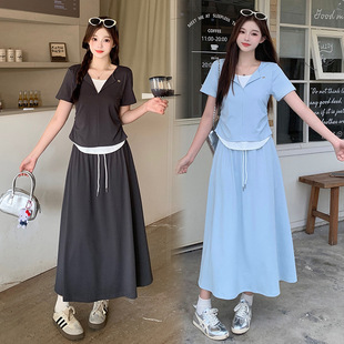 2025 New Summer Clothes for Fat mm Plus Size Women Korean Casual Contrasting Color Splicing Short-Sleeved T-Shirt + Skirt Suit