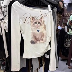 十三行猫咪露肩长袖T恤女2025秋季新款韩版百搭显瘦打底衫上衣女