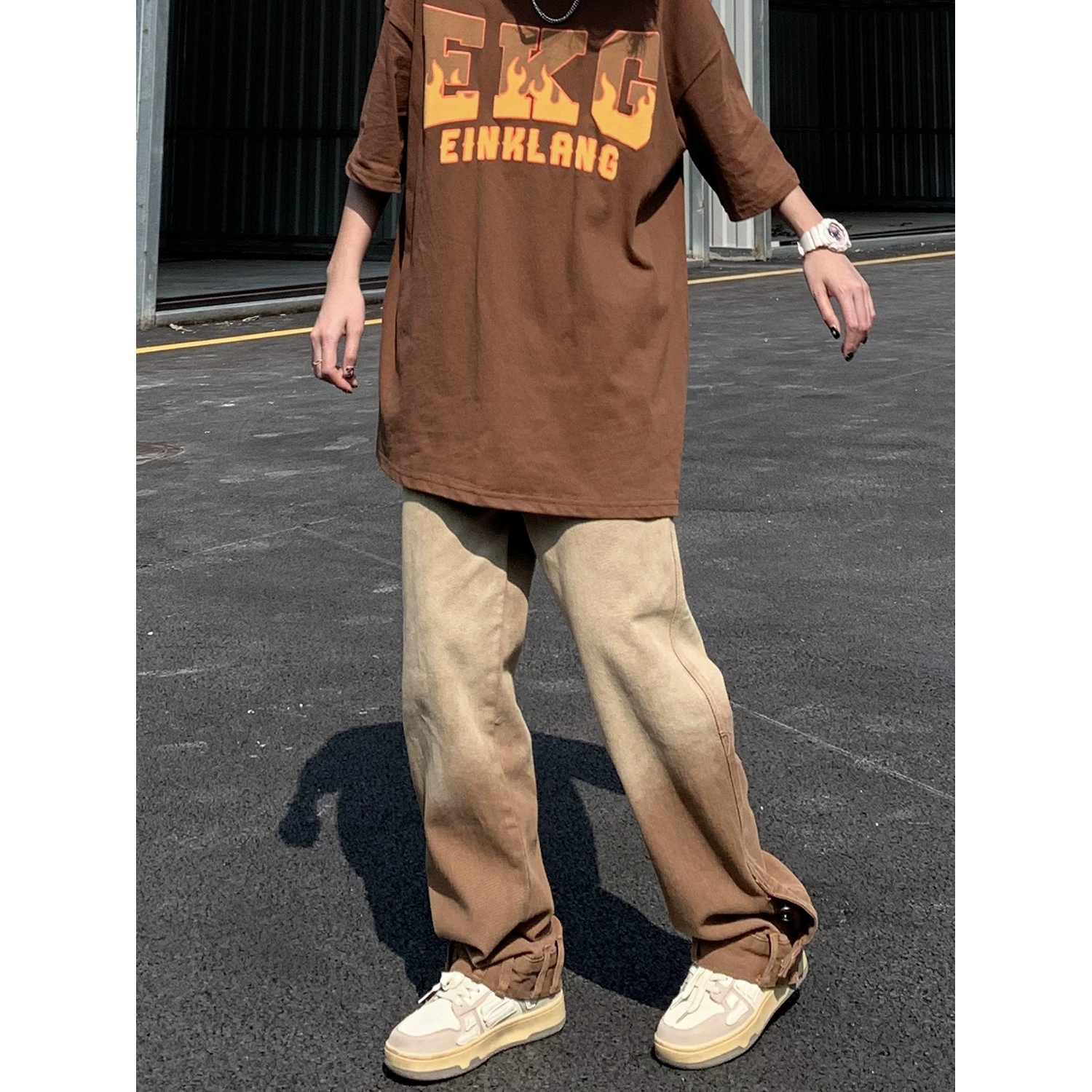 Американские мойки ретро hiphop коричневые градиентные джинсы мужские высокие улицы ins прилив свободные прямые широкие брюки