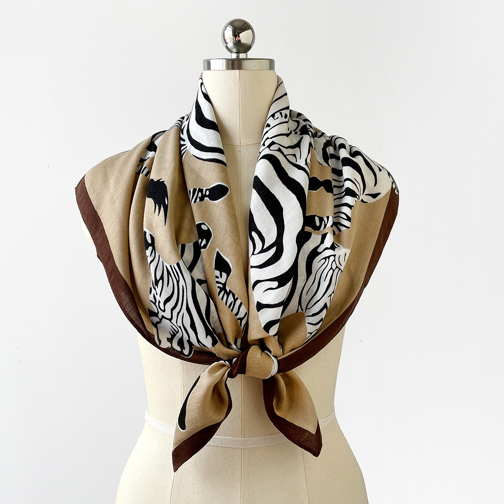 Large 90cm Square Scarf Zebra Print European American Fashion Herringbone Pattern Women's Shawl Retro Headscarf_voghion.com