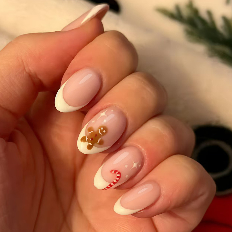 Christmas Wear Short Round Nails Shiny Simple French Gingerbread Man Cane Cross-Border Press-On Fake Nails