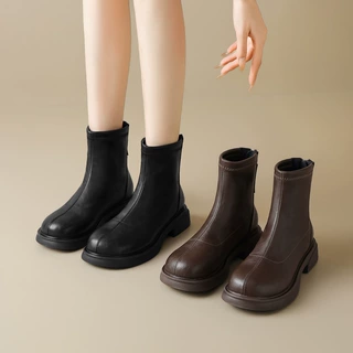 ZHR则则秋冬加绒短靴新品2025新款英伦风小个子增高粗腿瘦瘦靴女
