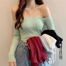 秋冬季长袖针织衫女装新款一字肩修身显身材挂脖套头打底衫女上衣