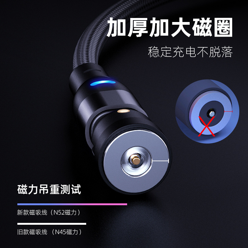 Cable DE DATOS magnético giratorio de carga rápido de la succión 3A cable de carga magnético redondo de la succión ciega de 540 grados tres-en-uno que dobla el cable magnético de la succión