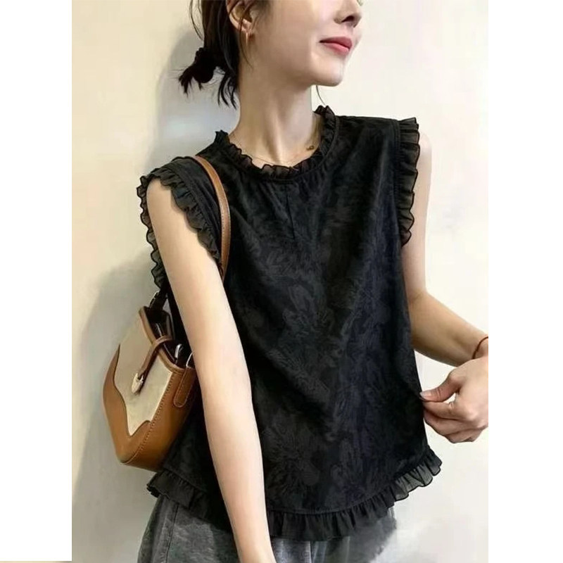 Áo sơ mi không tay viền mộc nhĩ Hàn Quốc phong cách trẻ trung — màu đen chi tiết 4