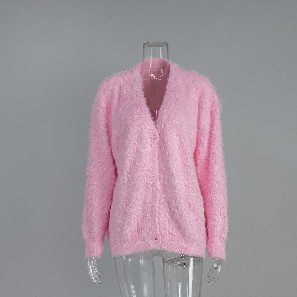 Áo cardigan len dệt kim giả lông chồn cổ V tay dài form rộng nữ — Màu hồng, Màu kaki, Màu trắng, Màu xám nhạt chi tiết 6