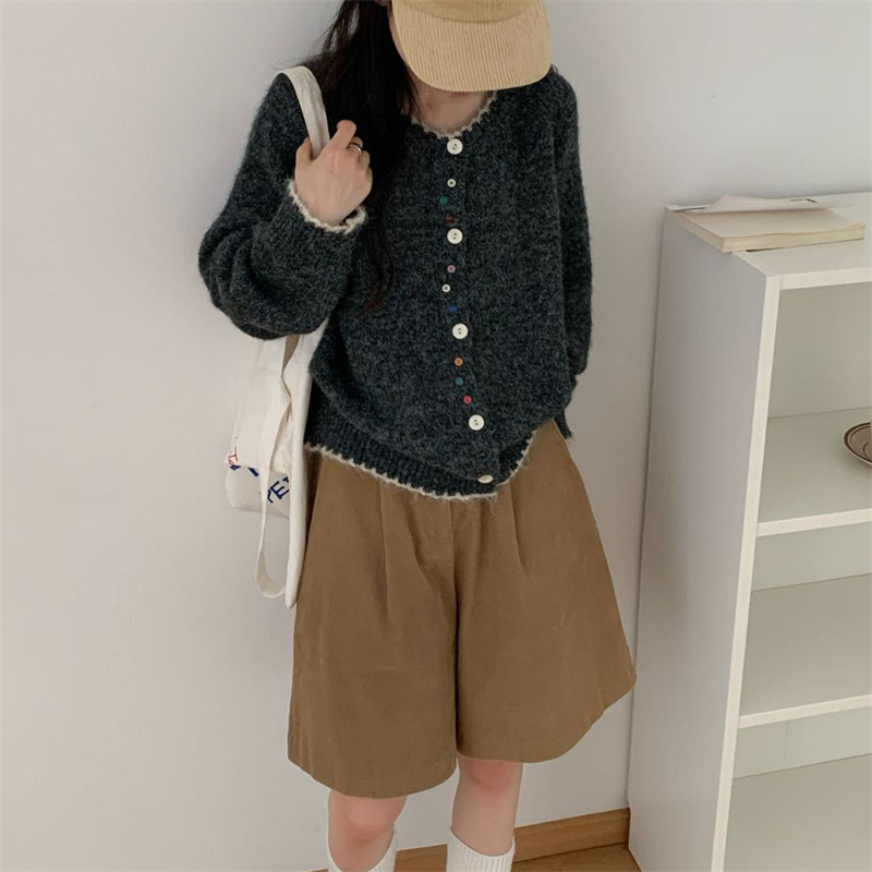 温柔风软糯圆领不规则彩扣毛衣外套女秋冬新款宽松针织开衫上衣女|undefined