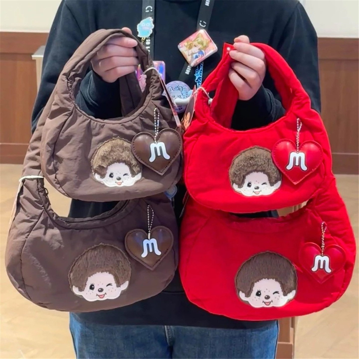 Japanese-Style Cartoon Cute Monchhichi Embroidered Casual Underarm Bag, Fashionable Large-Capacity Cute Heart-Shaped Sweet Shoulder Bag
