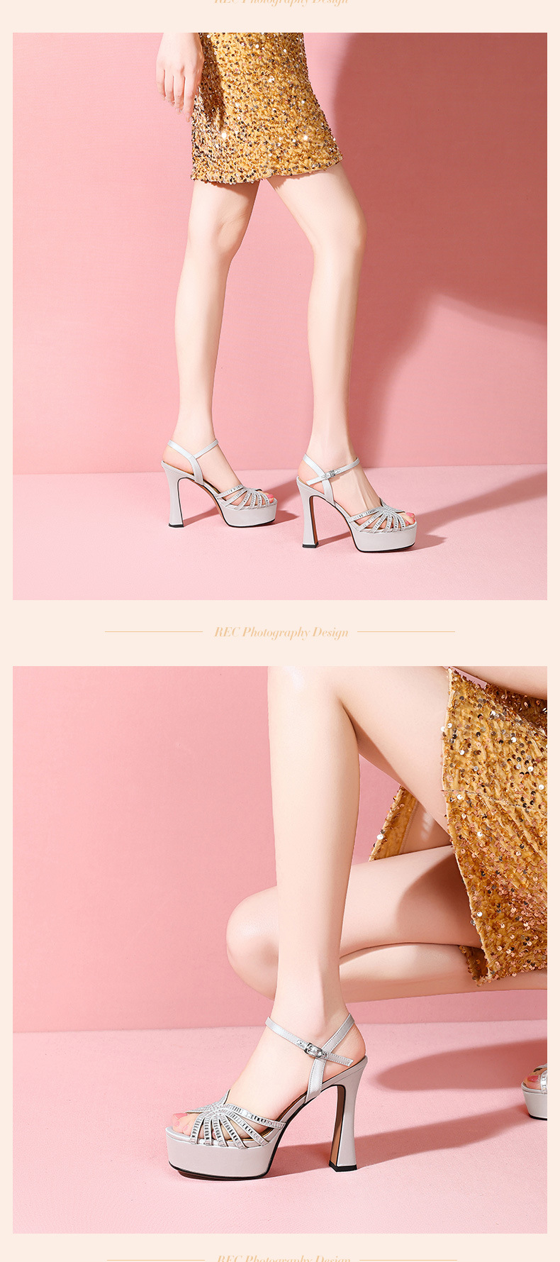Sandal cao gót nữ hở mũi đính đá, gót vuông platform, da thật — Champagne màu chi tiết 8