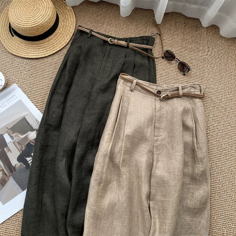 High Waisted Slimming Khaki Linen Wide Leg Pants For Women Trendy Relaxed Straight Leg Casual Trousers_ecoleips.com