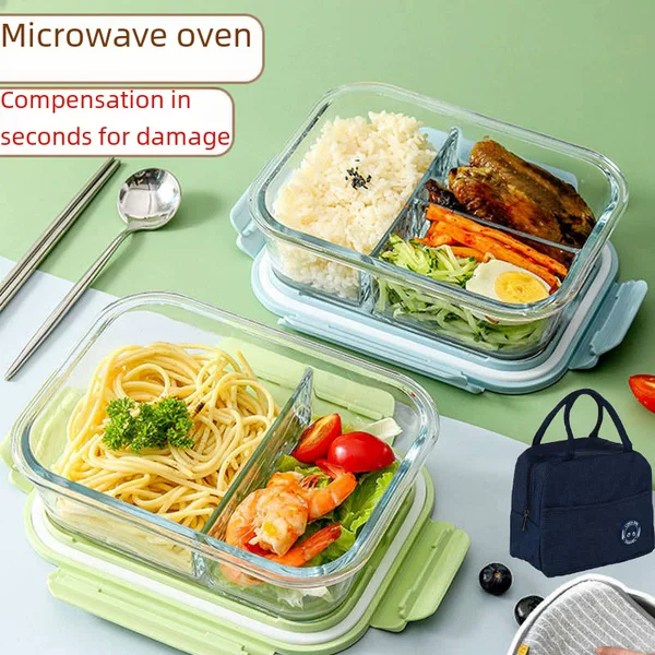 Glass Lunch Box Glass Bowl Transparent Microwave Rectangular Crisper High Temperature Resistant Lunch Box Household Round Lunch Box