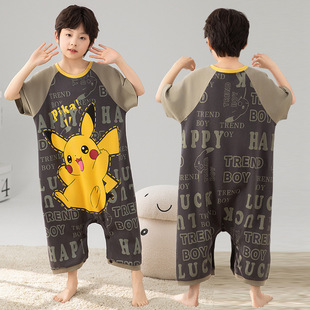 Pikachu Boy Pajamas Summer Short-Sleeved Pure Cotton Thin Section Medium and Large Boy Baby Summer Air-Conditioned Clothing Jumpsuit