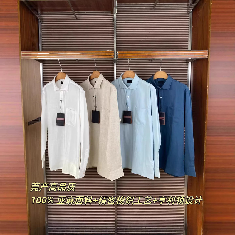 Made in Dongguan, Pure Original Zeg/Jienijia Oasi Linen Henry Collar Men's High-End Casual Wrinkle-Resistant Linen Shirt
