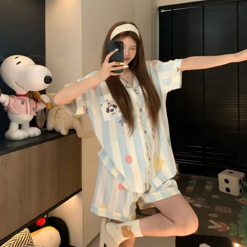 Nube de algodón pareja pijama de mujer verano nuevo suelto pantalones cortos de manga corta de dos piezas se puede usar ropa de hogar mujer