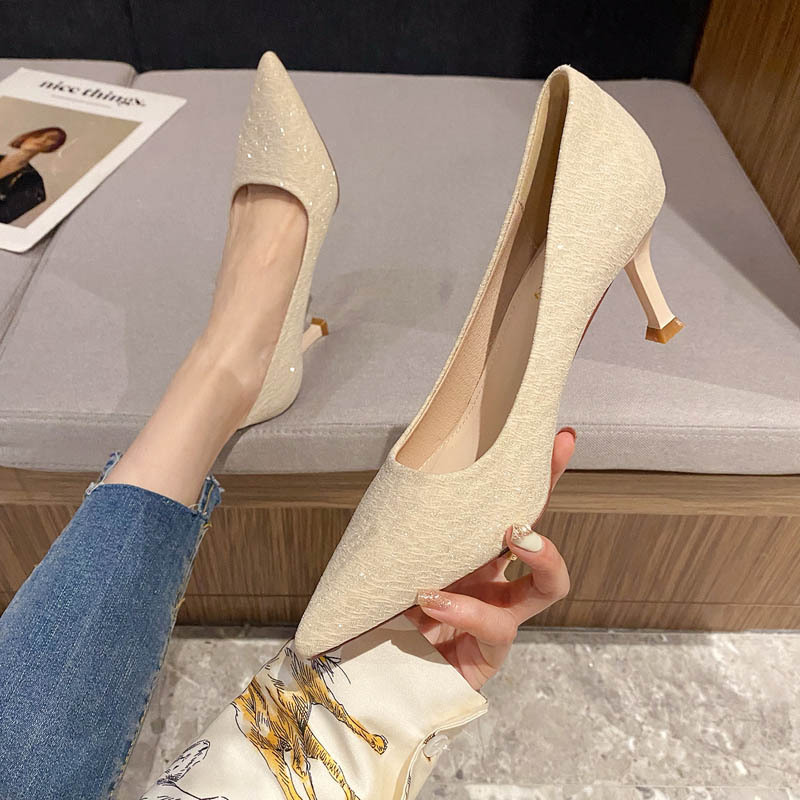 High Heels Women's New Pointed Toe Stiletto Slip-On Women's Shoes Work Clothing Black Fine Glitter Shallow Mouth Flats for Women 7316-18