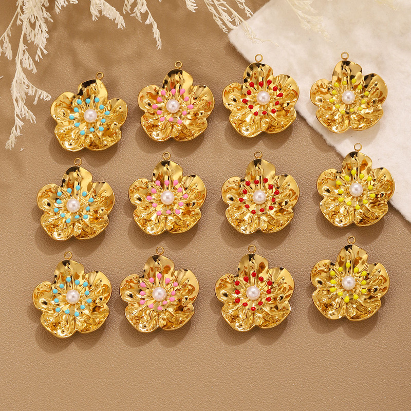 Vintage Jewelry Accessories Cross-Border Earrings and Pendants, Antique Style, Personalized Flower Enamel Pearl Pendants, Versatile Necklaces