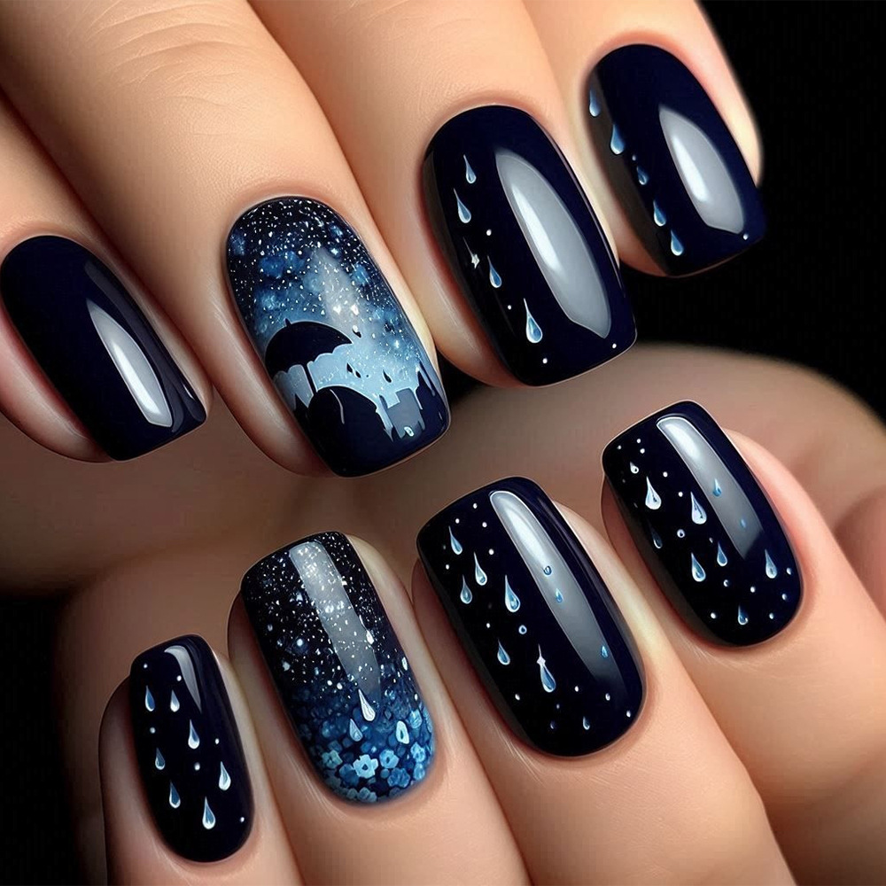 Noche lluviosa fortaleza de manicuras largas simple parche de uñas de color blanco gradiente Europa y América venta caliente estrella desgaste de uñas