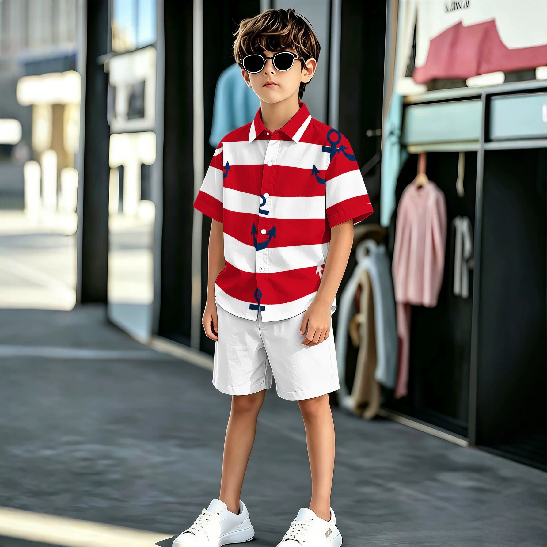 American Retro New Product, Stys, 3D Printing Technology, Boys' Collared Shirt And Shorts Set,_voghion.com
