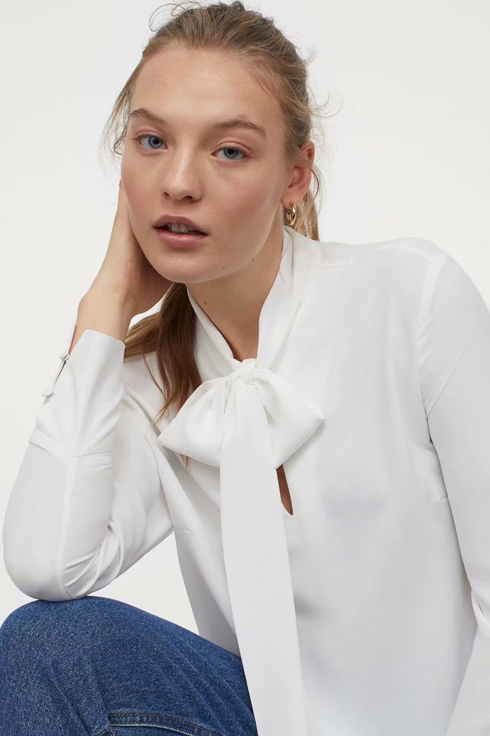 simple tie knot white chiffon shirt  NSAM31300