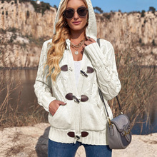 欧美休闲保暖加绒开襟毛衣女冬季新款纯色宽松连帽长袖针织开衫女