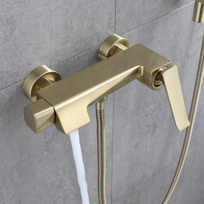 Full copper mixing valve brushed gold shower head bathroom apartment hot and cold minimalist hotel bathtub faucet simple set
