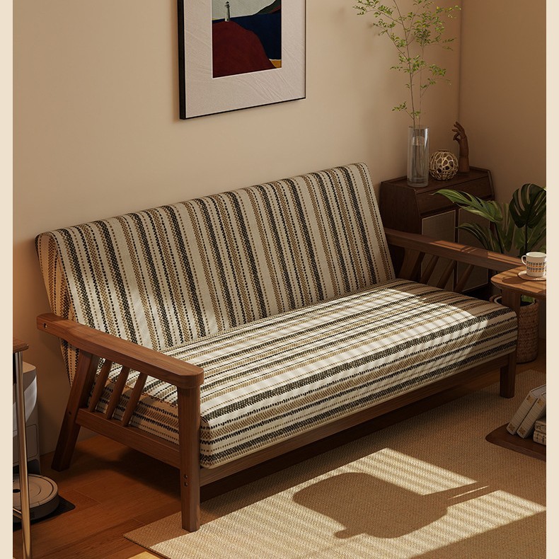 Retro Style Solid Wood Double Sofa, Antique Style Small Apartment Living Room, Apartment, Bed and Breakfast, Cotton and Linen Fabric Straight Row Small Sofa