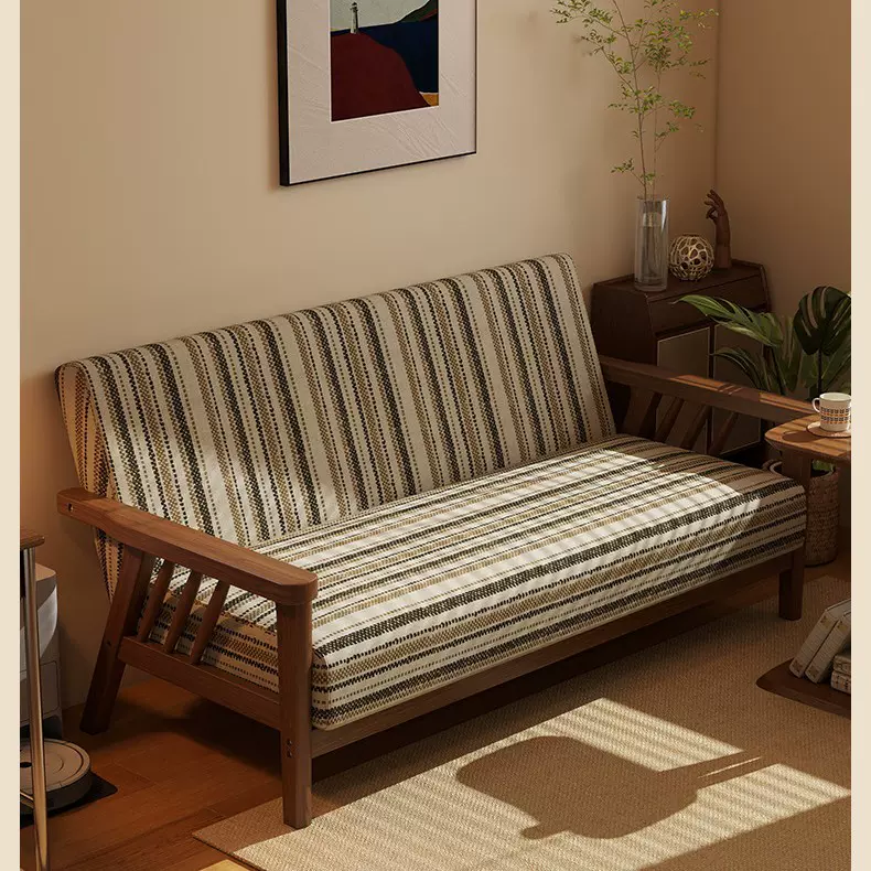 复古风实木双人沙发中古风小户型客厅公寓民宿棉麻布艺直排小沙发