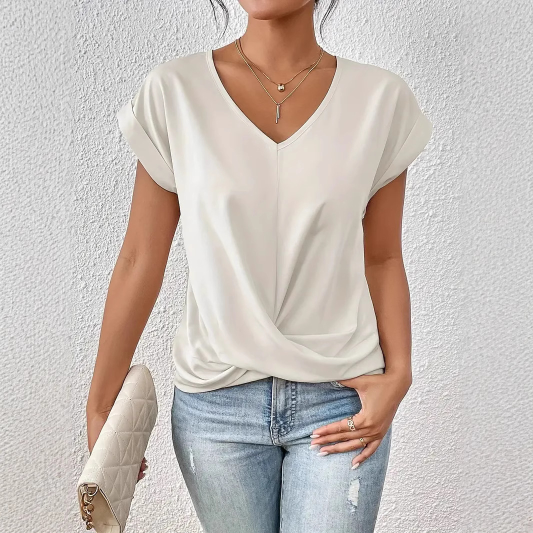 Women's Clothing Elegant V Neck T-Shirt Solid Color Short Sleeve Top For Spring And Summer Hot Selling_ecoleips.com