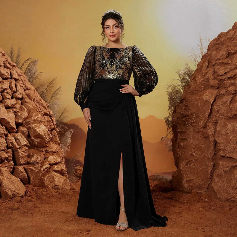 European and American Amazon Plus-Size Sequined Luxury Niche Round-Neck Long-Sleeve Elegant Party Ball Gown Dress