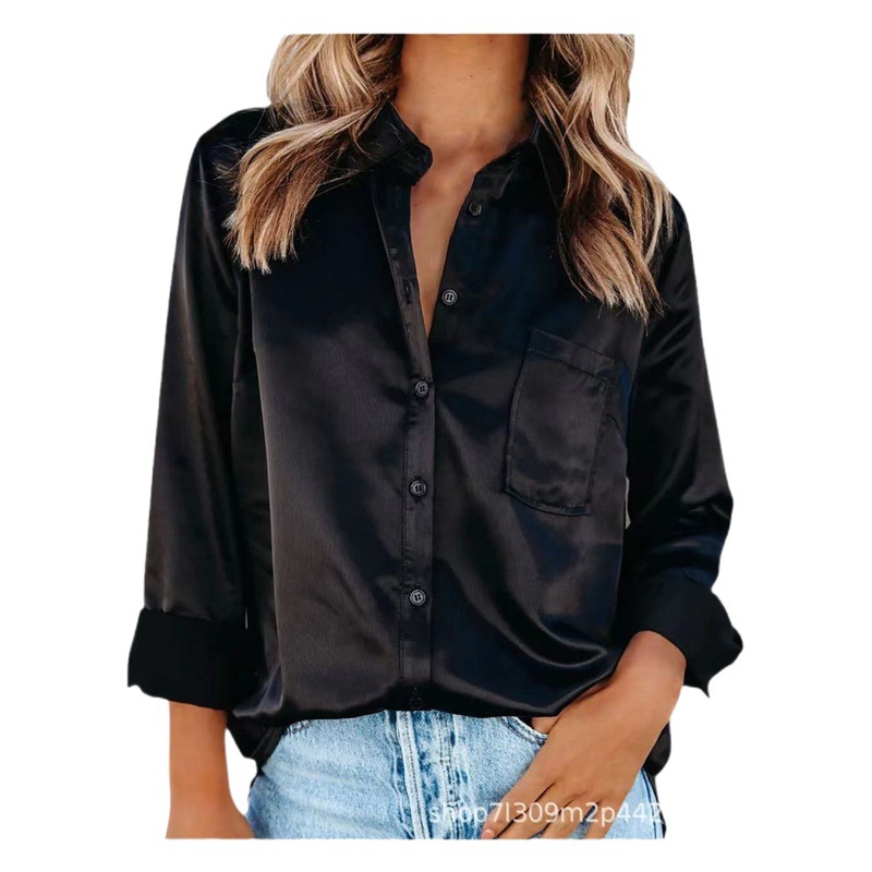 Camisa de Manga Larga con Solapa, Color Sólido, Elegante, para Primavera/Verano 2026, Estilo Europeo y Americano, Cardigan de Satén