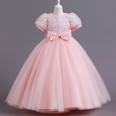 Girls' formal dress: long puffy-sleeve gown, maxi-length tulle pettiskirt, sequin-adorned sweet princess-style skirt, short-sleeve performance outfit