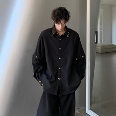 黒い肩のシャツの男性の潮のブランドのごろつきのハンサムな揚げ物の街は長袖のシャツの郭の形の高級感のスタイリストのメンズを取り外します。