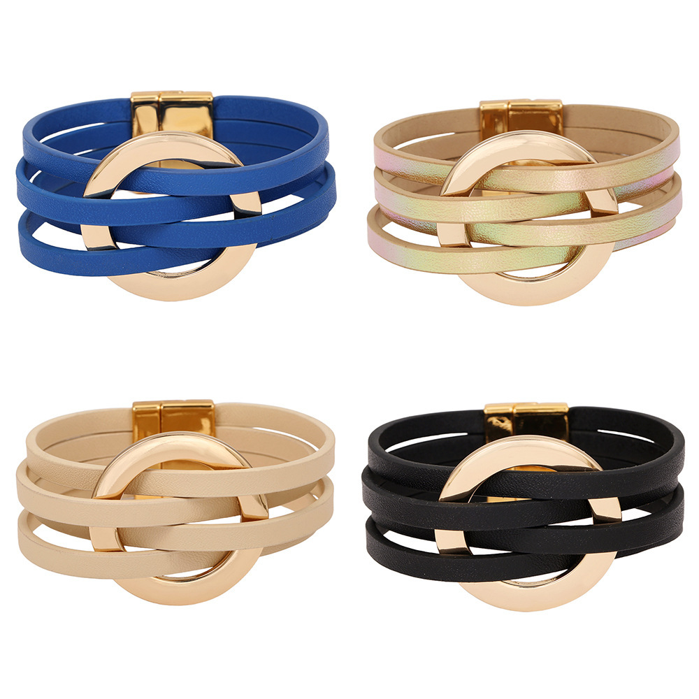 Tmeu Hot Cross-Border New Product Cross Leather Women's Bracelet Metal Large Ring Cuff Bracelet Multi-Layer Wristband